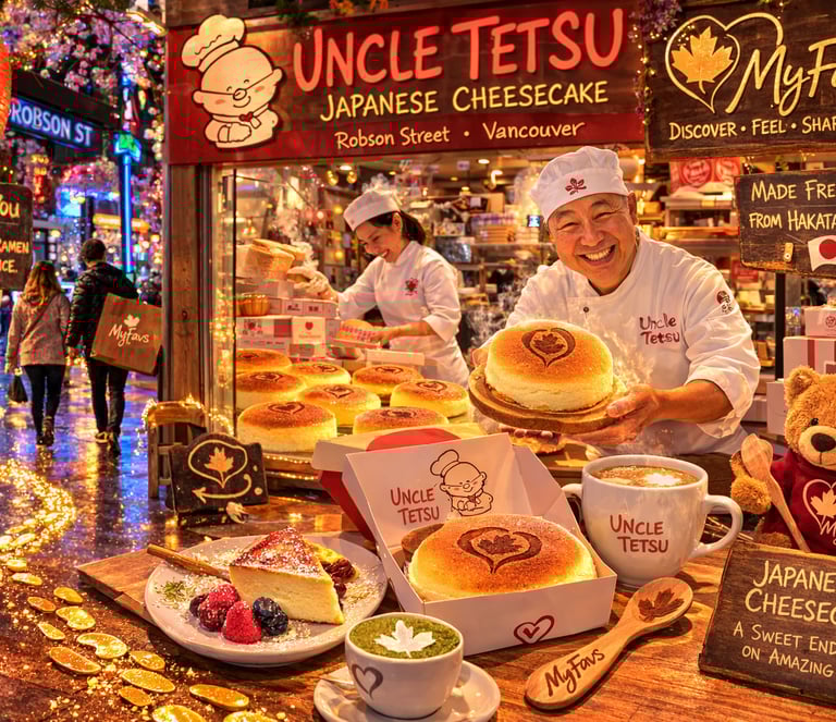 Freshly baked Japanese cheesecake at Uncle Tetsu bakery on Robson Street Vancouver