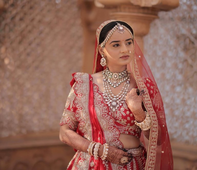 Red bridal closeup portrait with HD makeup by bridal makeup artist in Vadodara