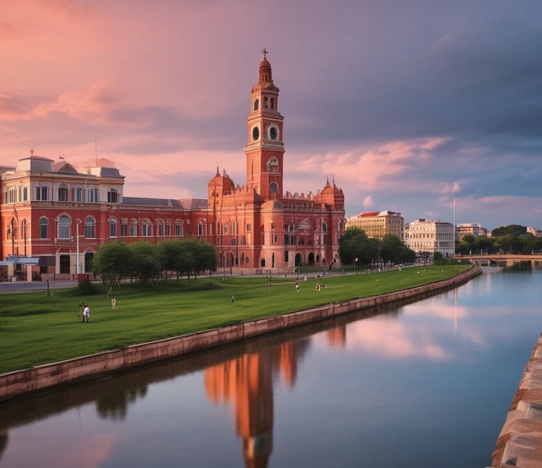 a man in a suit standing in front of a large screen with a large screen