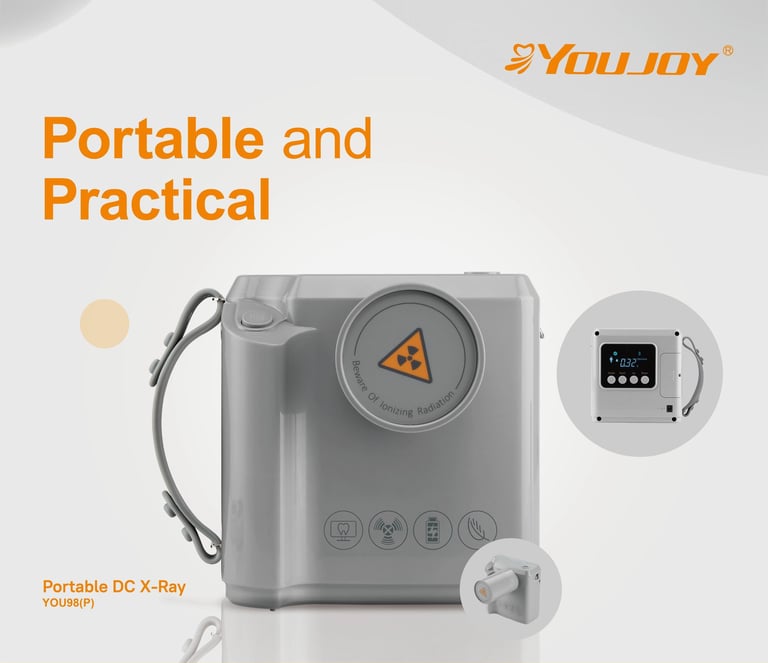 Portable DC dental X-ray machine YOU98P with digital display and radiation warning.