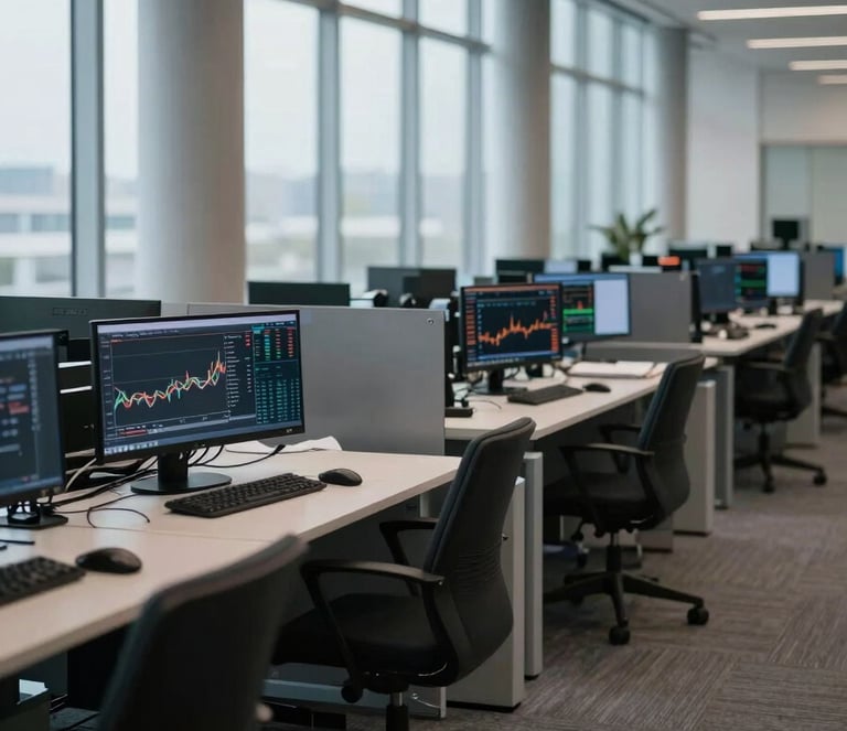 Wide shot of an empty executive trading floor, rows of dark monitors displaying financial data and charts, cool overcast light from floor-to-ceiling windows, architectural columns visible, deep depth of field, no people present