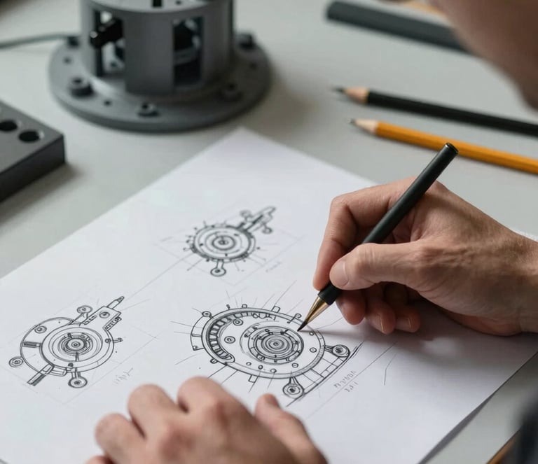 Close-up of a man's hands sketching mechanical diagrams on drafting paper at a workbench, a 3D-printed prototype visible in the background, hard studio light casting sharp shadows across the paper surface, tools and pencils nearby