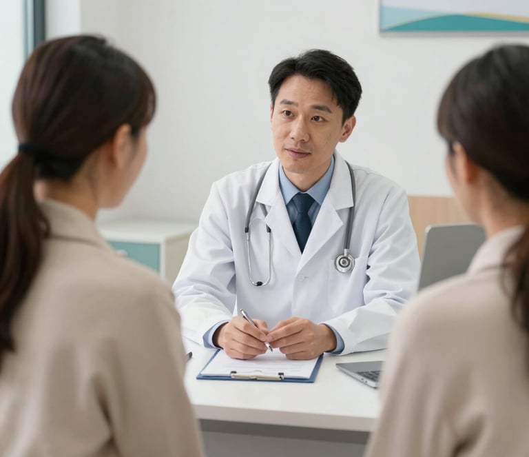 A caring healthcare professional speaking gently with a patient in a bright, welcoming clinic room