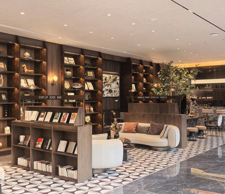 Warm-toned library wall design with display and storage balance.