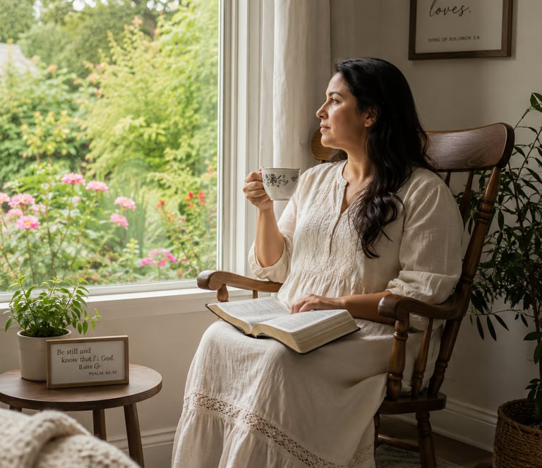 A woman sitting in a rocking chair by a window with an open Bible and a cup of tea, reflecting quiet