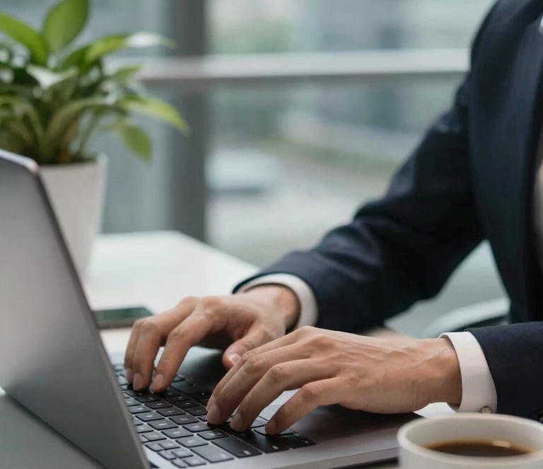 Close-up of a professional's hands typing on a high-end laptop in a sleek, glass-walled office. A green plant and a clean ceramic cup sit on a polished white desk. Global / English-speaking.