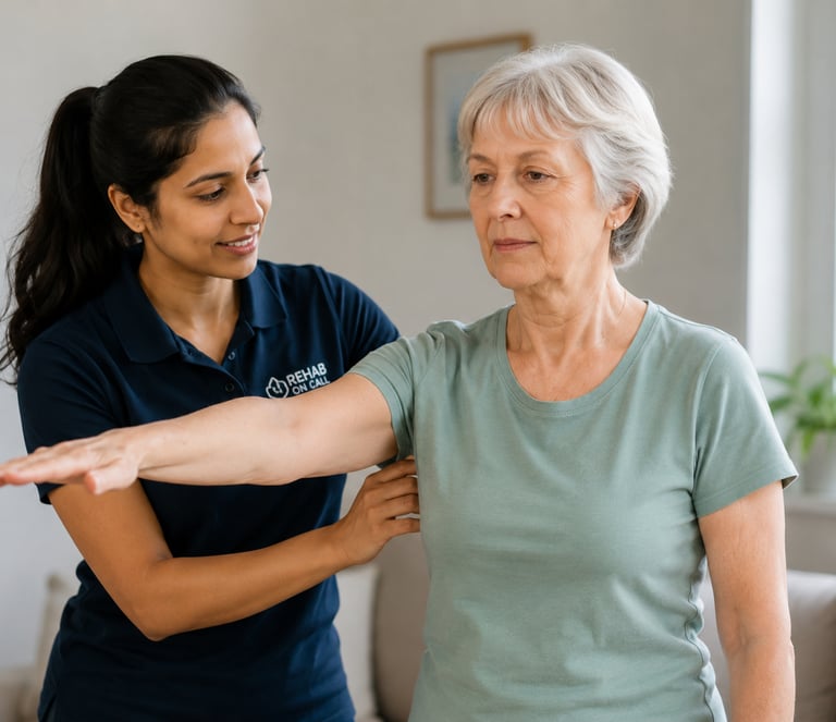 A female physiotherapist assists a senior woman with arm mobility exercises during a home rehabilitation session.