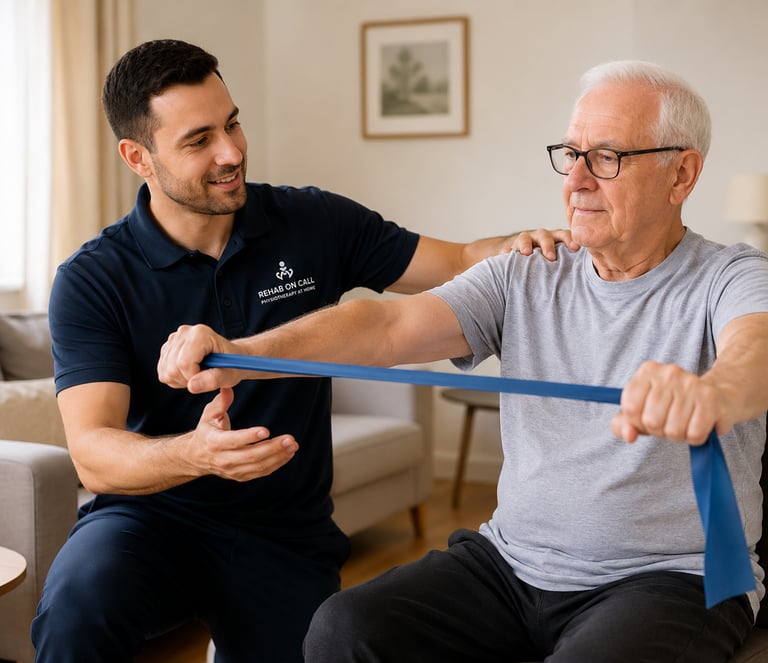 A physiotherapist assists a senior man with resistance band exercises during an at-home physical therapy session.