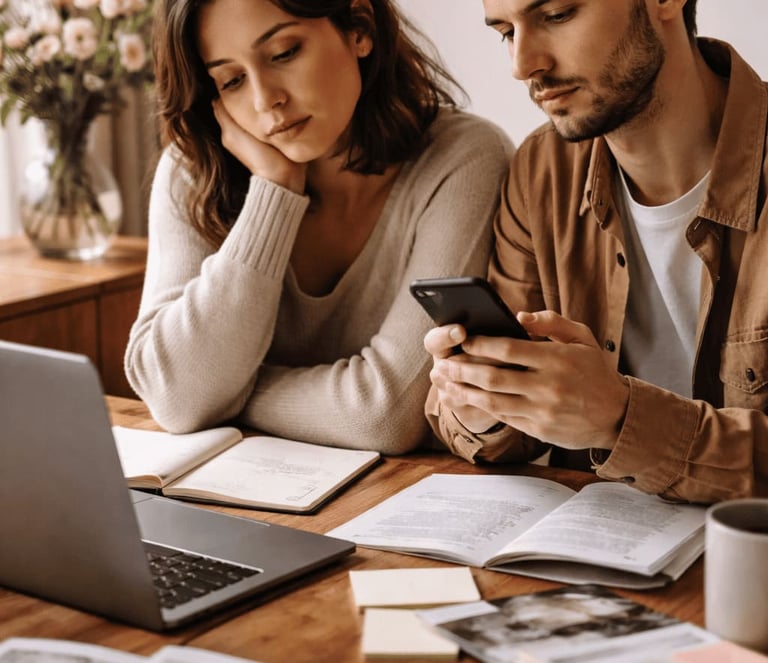 Couple préparant leur mariage à table, l’un sur son téléphone, l’autre pensif, entourés de documents et d’un ordinateur