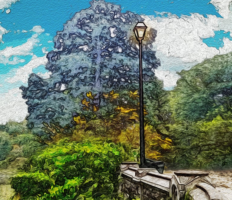 Impressionist oil painting of a vintage street lamp near lush green trees under a blue sky.