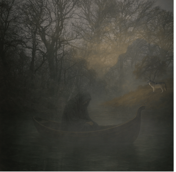 Figure on the River Styx drifts through ancestral fog, guided by wild instinct toward soul return