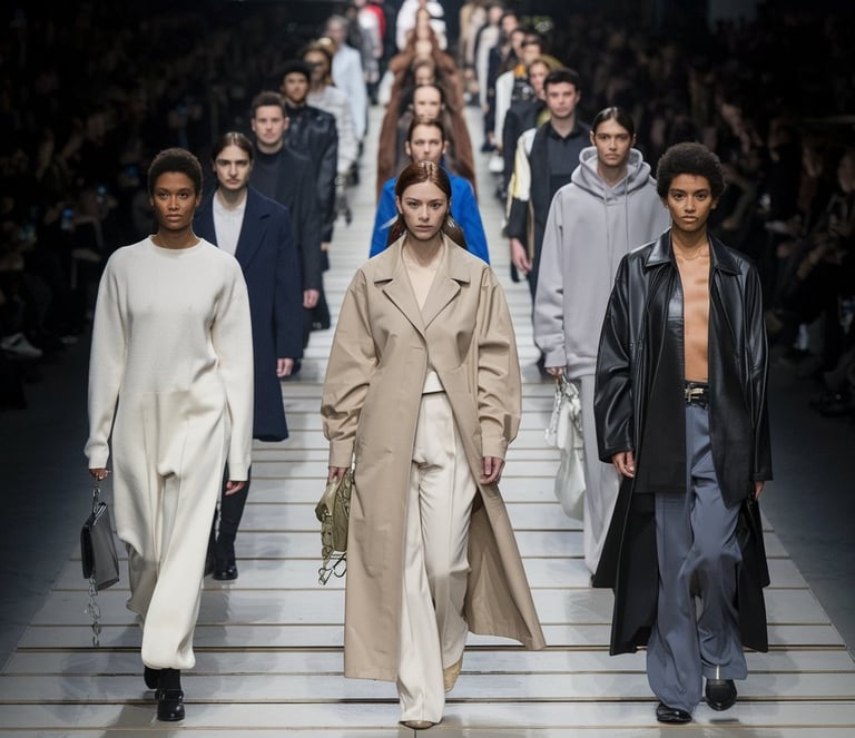 A dynamic scene from a fashion runway show featuring a diverse group of male and female models walking in structure