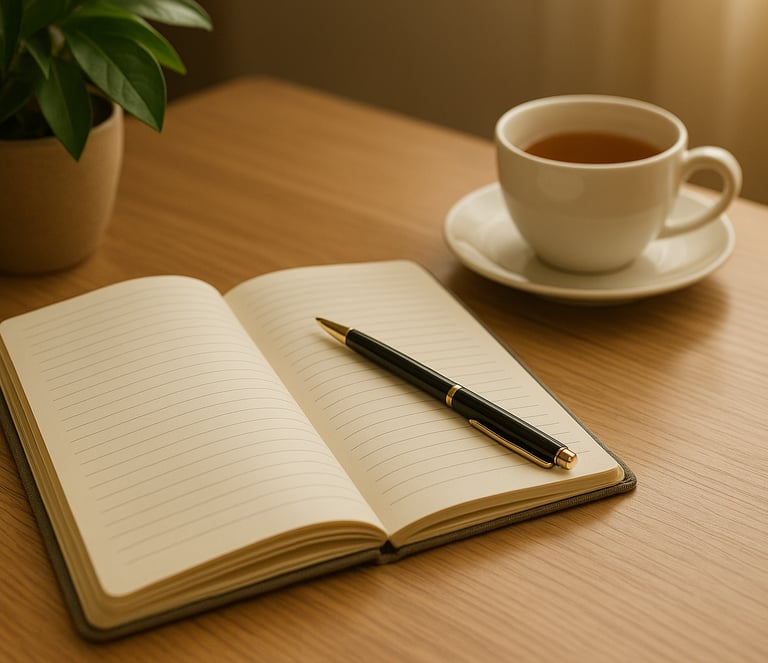 Open notebook with pen and tea on a mood desk-symbolizing psychological and diagnostic consultation.