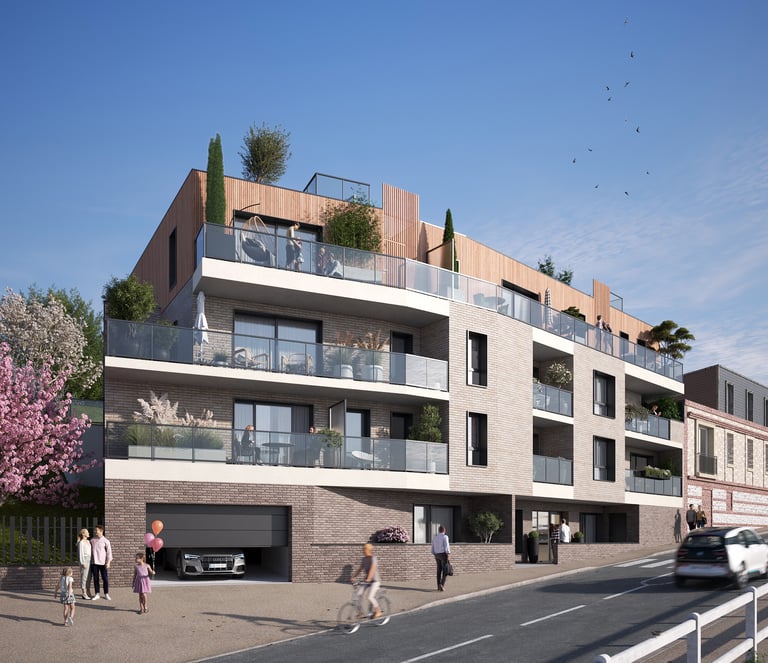 Façade contemporaine de la résidence Les Terrasses du Fort au Havre avec balcons et terrasses en att