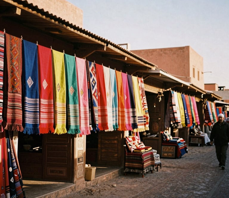 A vibrant, sun-drenched street market in Marrakech, rich terracotta walls, colorful textiles hanging, warm golden-hour sunlight, 35mm film aesthetic