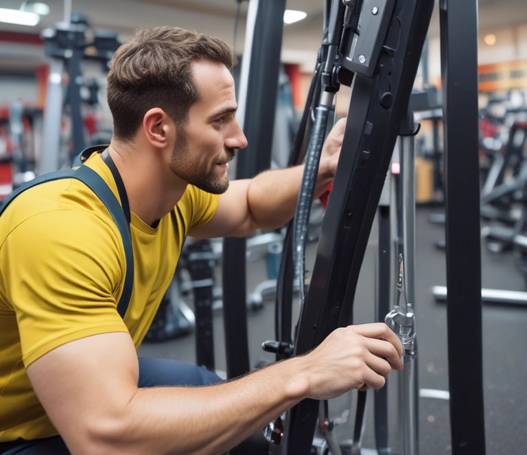 Technician performing maintenance on a treadmill in a busy gym environment.