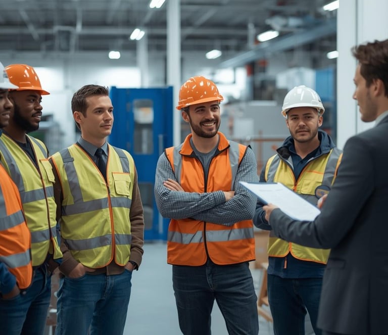 Warehouse manager leading a safety meeting with diverse factory workers in hard hats and vests.