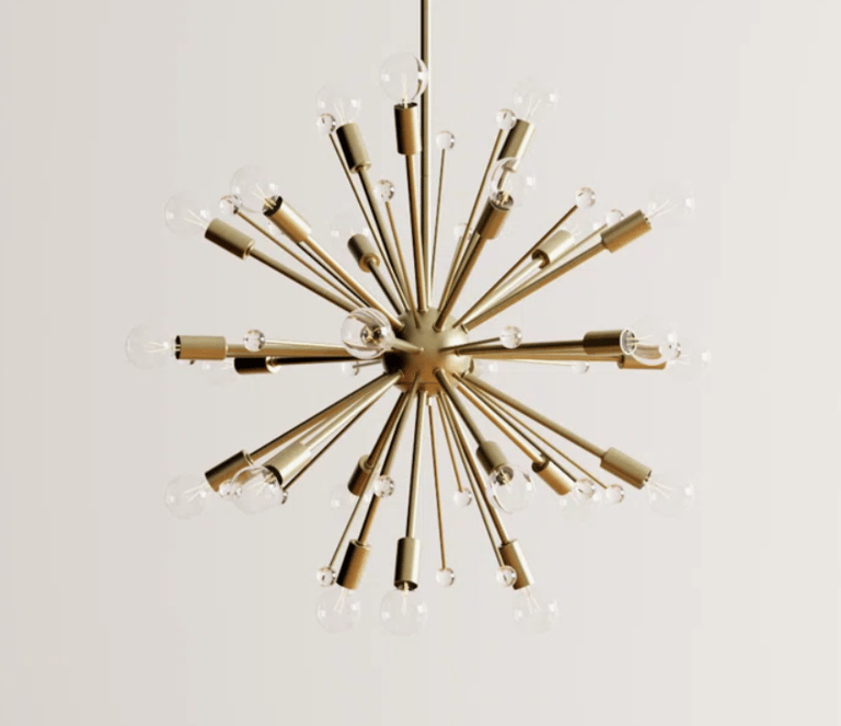 Mid-century modern brass sputnik chandelier featuring a starburst design with exposed light bulbs.