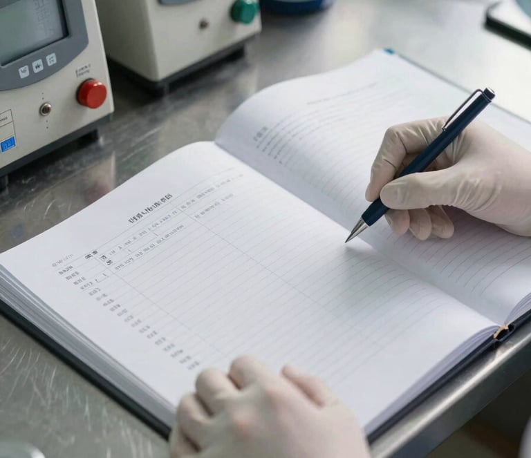 Close-up overhead shot of a pharmaceutical manufacturing workstation: gloved hands reviewing a batch record binder beside calibrated instruments on a stainless-steel surface, even north-facing daylight revealing paper texture and ink detail, no people visible above the wrists