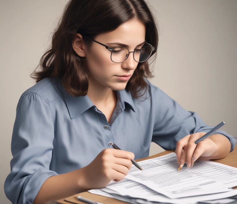 A set of tax forms and documents is placed neatly on a dark surface. There is a black coffee mug to the right of the documents, and a pen is resting on a folder. The scene suggests a workspace setting.