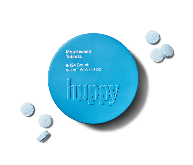 Huppy mouthwash tablets with nano-hydroxyapatite and peppermint oil in refillable tin