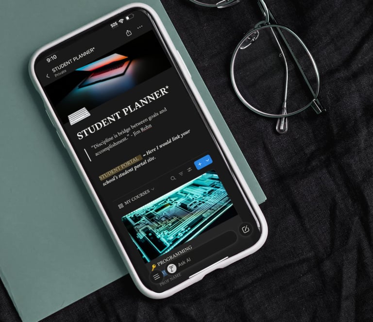 A smartphone displays a digital student planner app next to glasses on a dark fabric background.