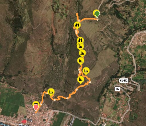 Walking route from Pisac Ruins to Pisac Village