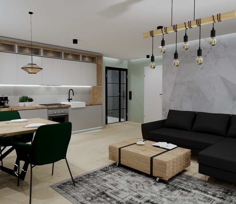 a living room with a couch and a table