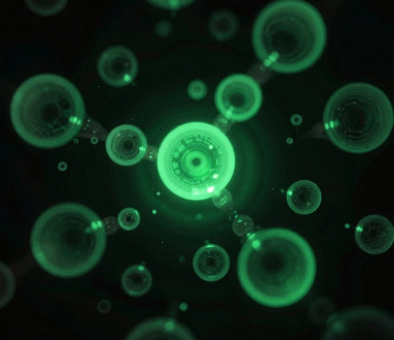 Macro close-up of liquid crystal structures, with subtle emerald-green backlighting, dark obsidian background, moody editorial photography