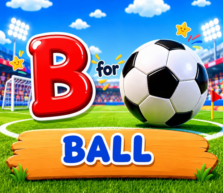 Educational flashcard for kids showing the letter B for Ball with a soccer ball in a stadium.