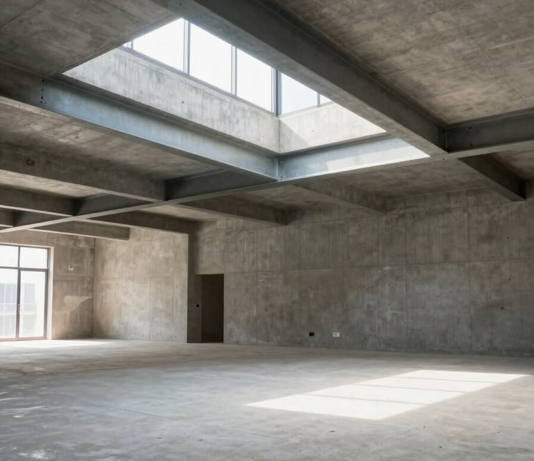 Wide architectural interior under construction, concrete ceiling with precisely positioned steel beam visible, natural daylight from clerestory window illuminating smooth floor plane, no workers present, empty and precise