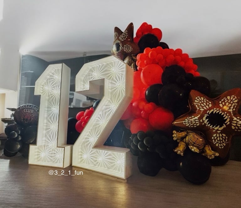 4ft LED Light up number hire Sussex Stranger things birthday balloon garland