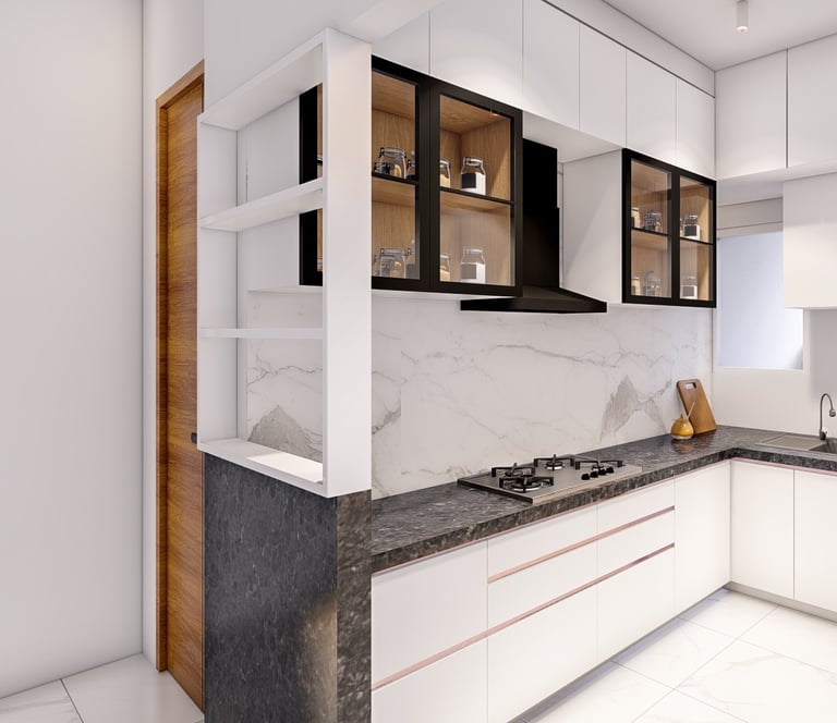 White kitchen interior design with storage area and chimney