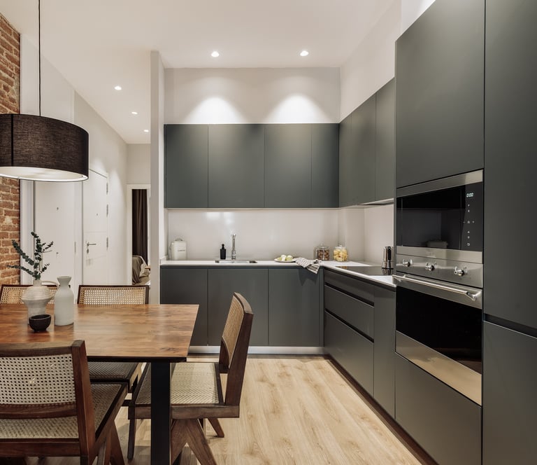 Integrated modern kitchen with modern design elements and lighting