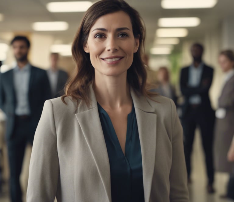 femme adulte souriante sur son lieu de travail