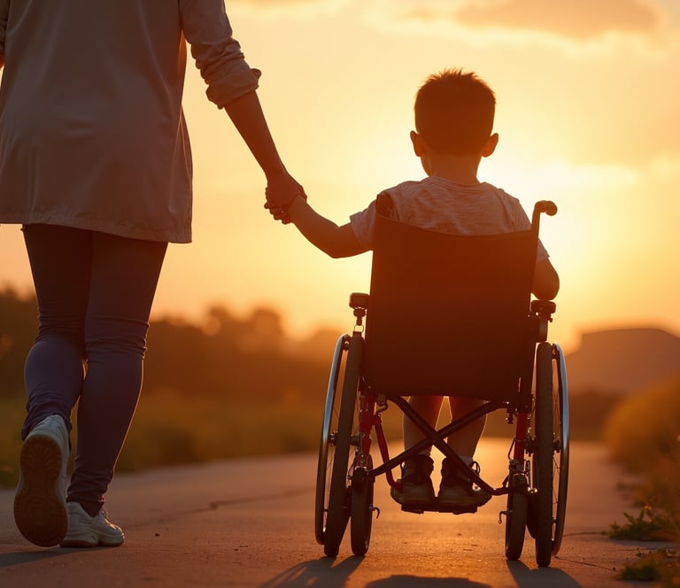 a woman in a wheelchair is holding hands with a child in a wheelchair
