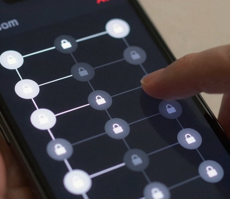 Close-up of a clean dark-mode mobile UI screen showing a skill progression map — branching nodes connected by lines, some glowing white as unlocked, others dimmed as locked, a red XP counter visible in the top corner, hand partially visible swiping the interface, soft studio light from above