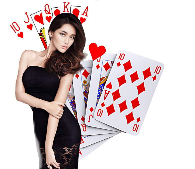 a woman in a black dress holding a pair of cards