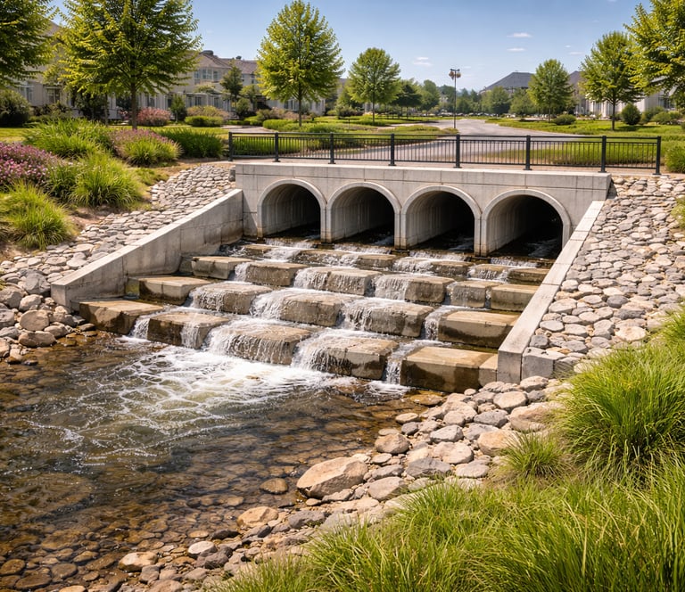 Obra de drenagem pluvial bem executada com galeria de concreto e dissipador de energia