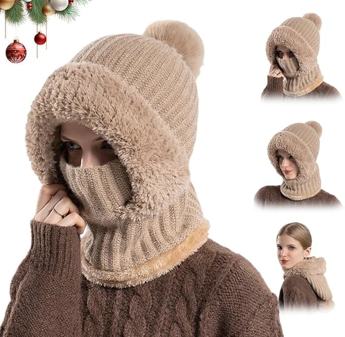 a woman wearing a knitted hat and a scarf