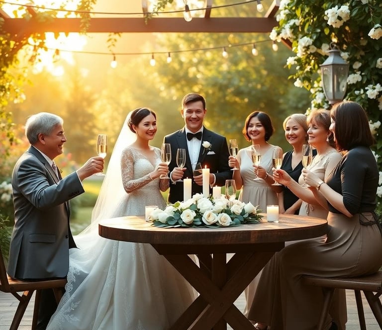 a bride and groom and bride with champagne glasses