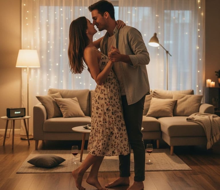 a man and woman dancing in a living room