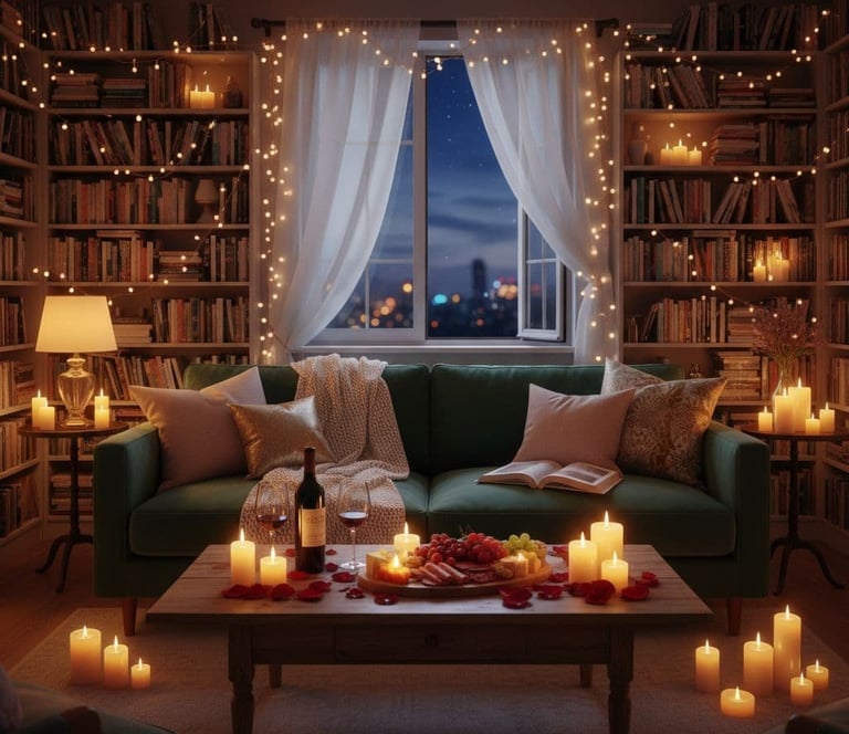 a living room with candles and candles on a table