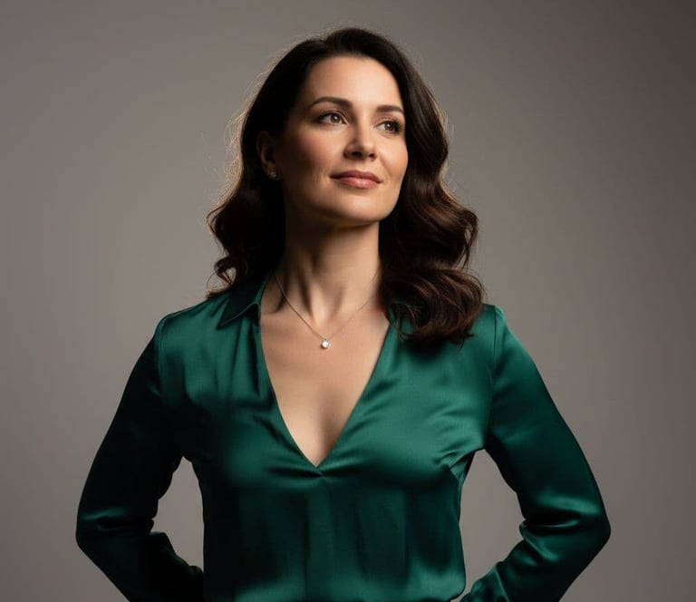 a woman in a green blouse and black pants