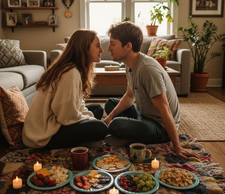 a man and woman sitting on a rug in a living room