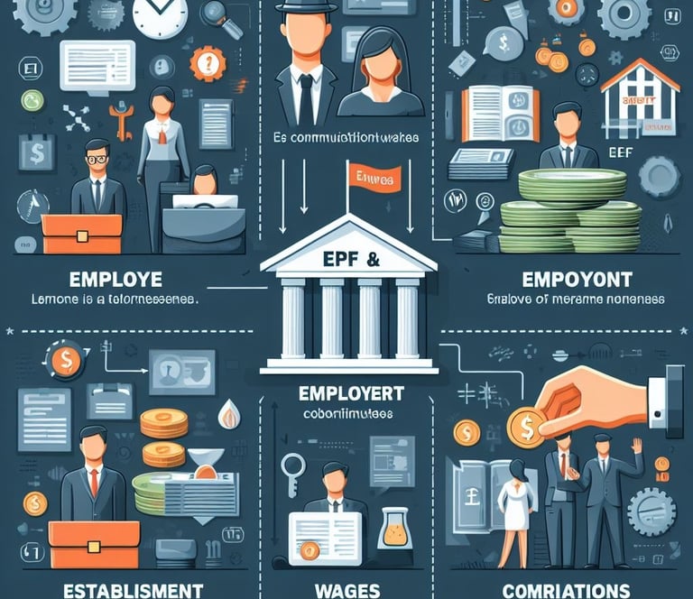 Infographic explaining key terms under the EPF Act, such as Employee, Employer, Establishment, Wages, and Contributions.