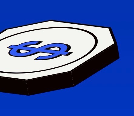 An octagonal white coin with a blue dollar sign icon floating on a solid blue background.