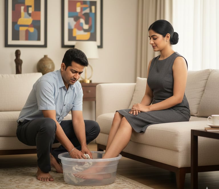 a women sitting on sofa and men washing his feet 