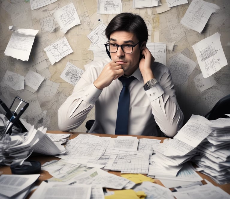 a man sitting at a desk with papers and papers