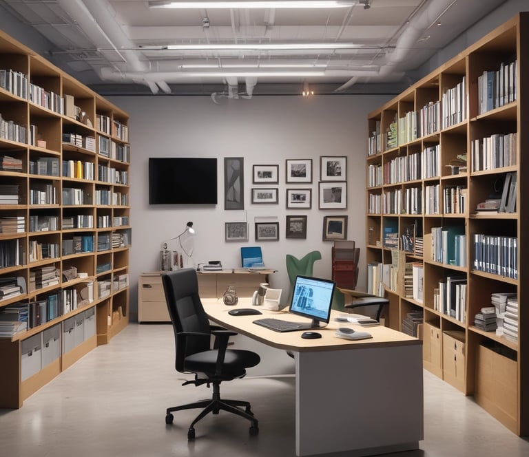 Modern office workspace with architectural plans and a laptop